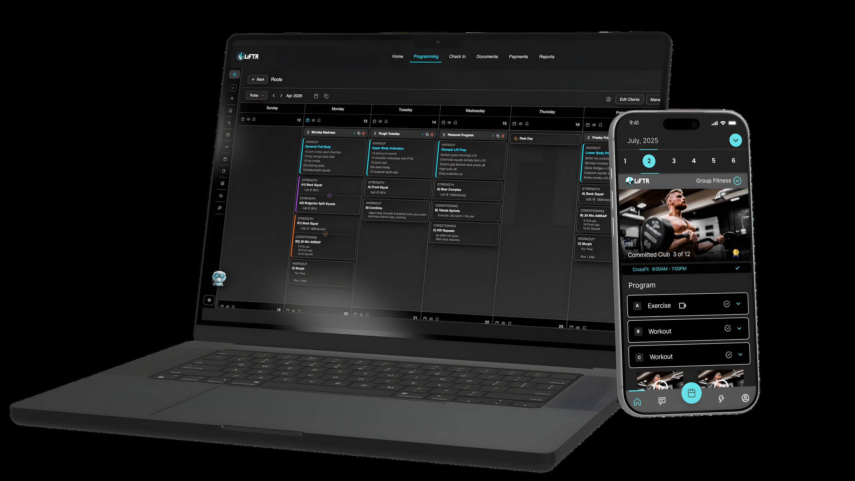 LIFTR platform dashboard and mobile app showing coach programming and member workout delivery