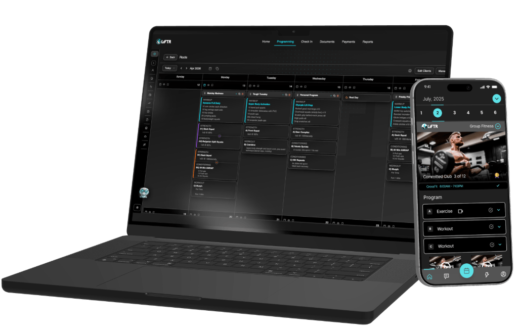 LIFTR coach dashboard on laptop and member app on phone