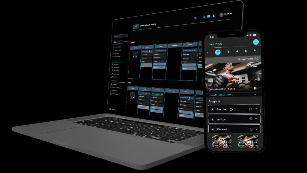 LIFTR platform dashboard and mobile app showing coach programming and member workout delivery
